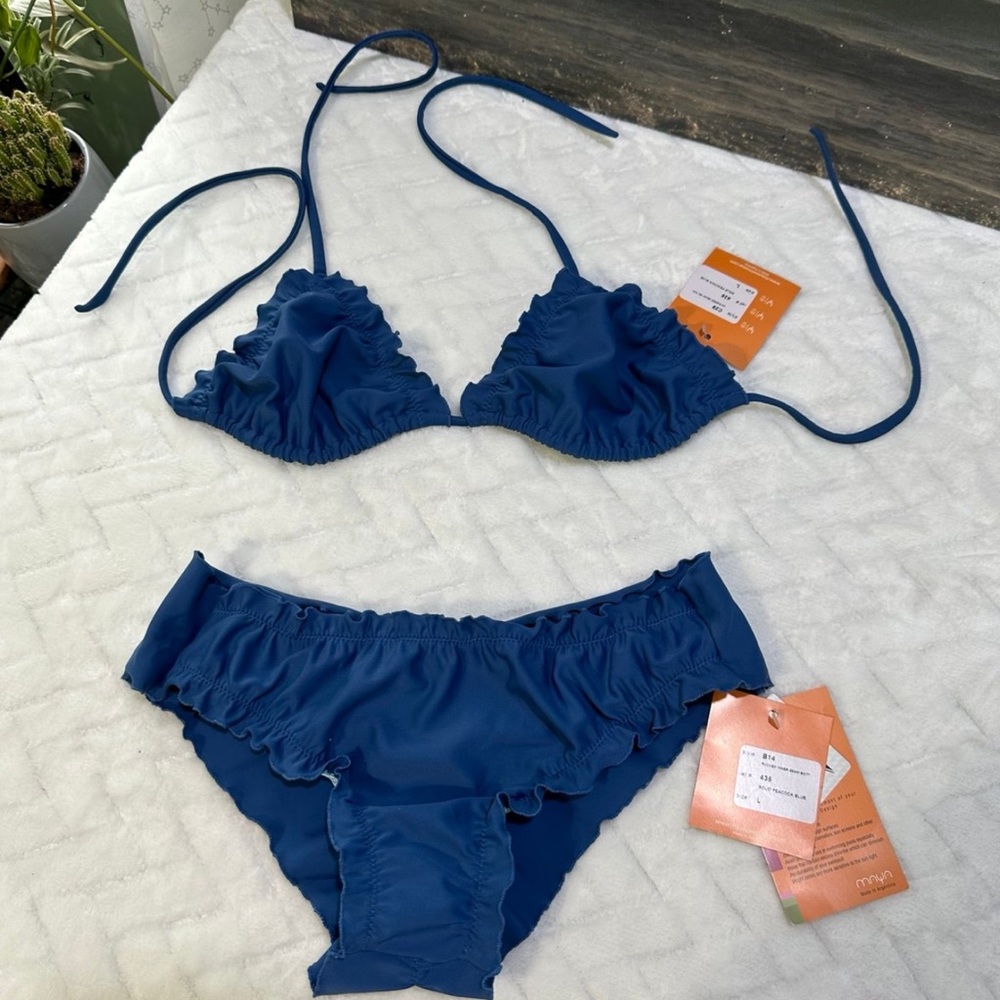 Nwt $185 Maya Bikini Swimwear Peacock Blue Ruffle Triangle Top Ruched Bottom L